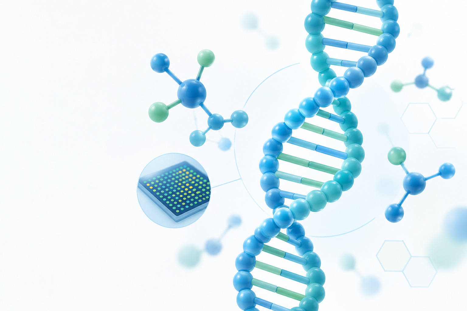 Illustration of a DNA double helix beside molecular structures and a genotyping microarray plate